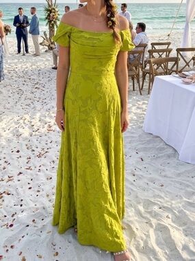 Off-Shoulder Lime Green Jacquard Maxi Dress